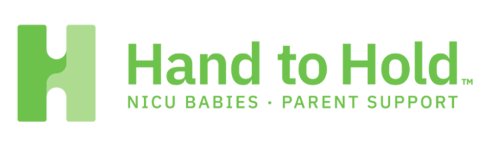 Lime Green Hand to Hold Logo also has the tag line NICU Babies Parent Support