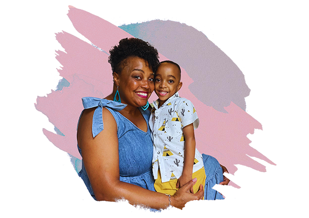 Shawna and her son Asher on a pink pastel transparent styled background.